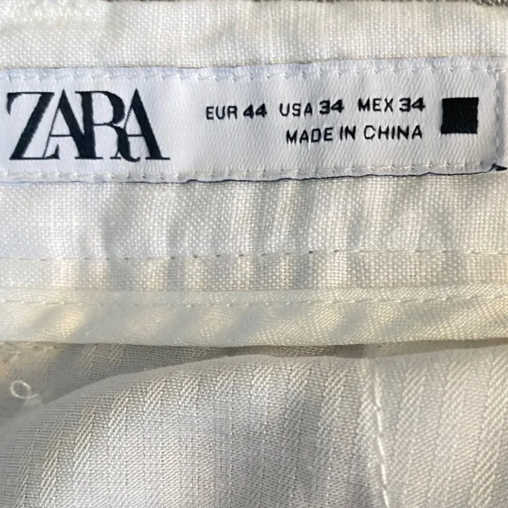 Zara White 100% Linen Women Drawstring Trousers Straight Leg Pants Coastal
